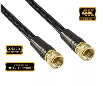 DINIC Premium SAT Koaxialkabel, 2x F-Stecker, HD TV, Ultra HD, 24k vergoldete Stecker, schwarz, DINIC Box mit Euroloch, Länge 2m